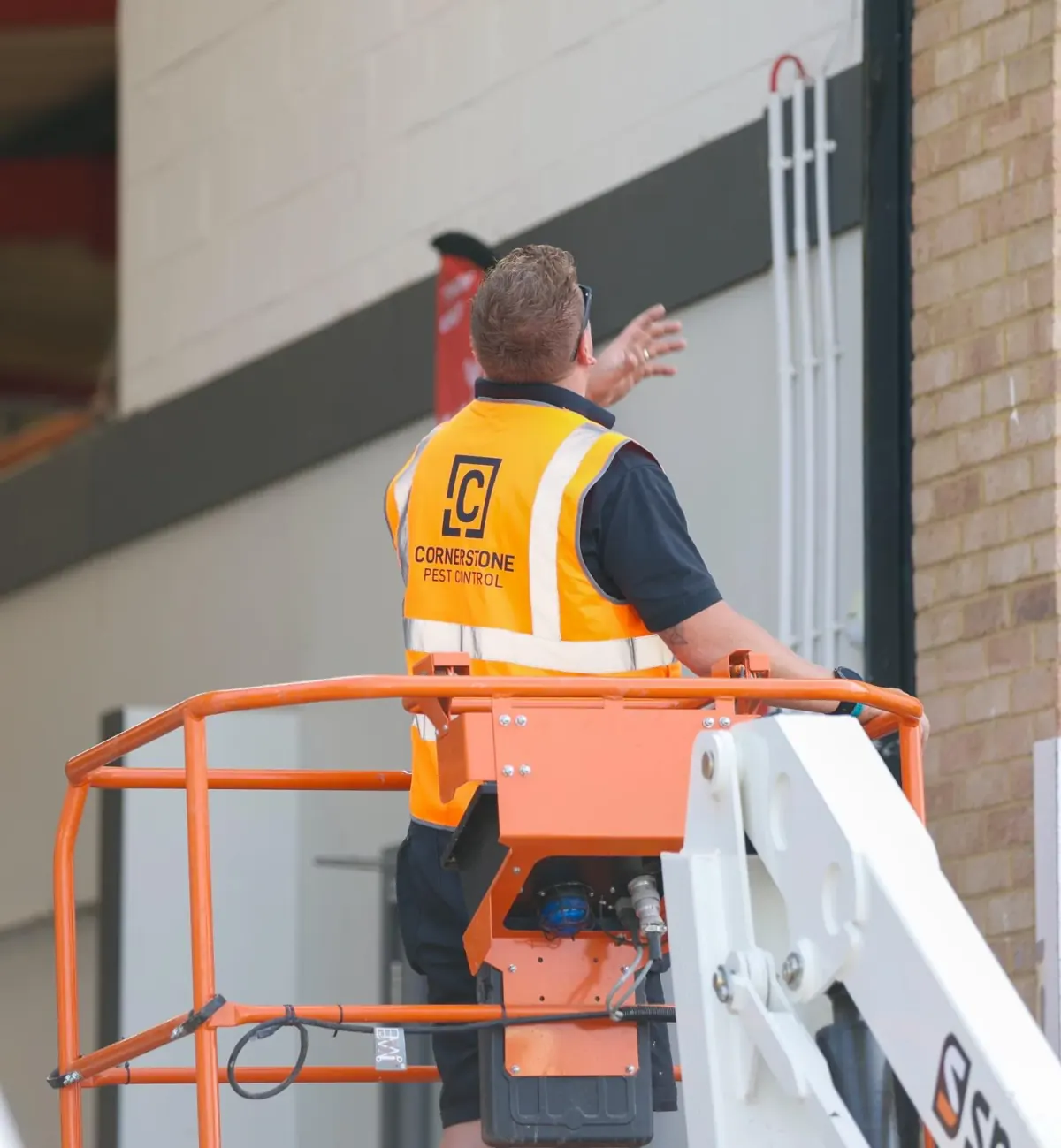 A Cornerstone Pest Control technician on a boom lift, reaching towards the roofline of a commercial building to fit bird proofing