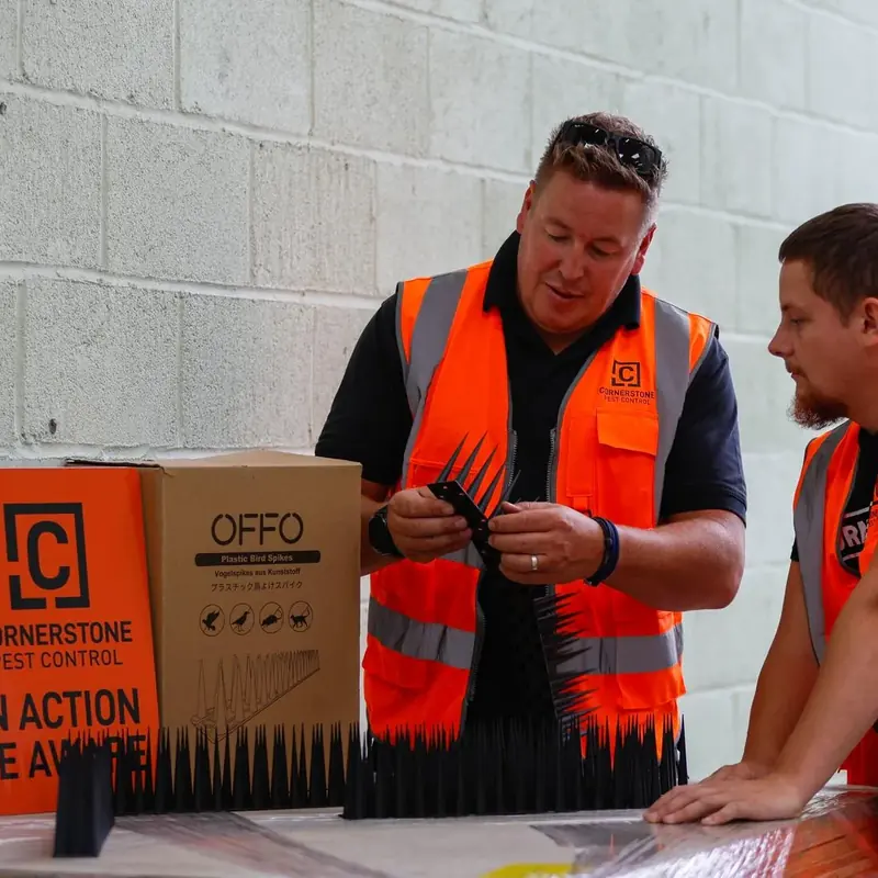 Two Cornerstone Pest Control technicians checking plastic bird spikes before installation, beside a branded warning board