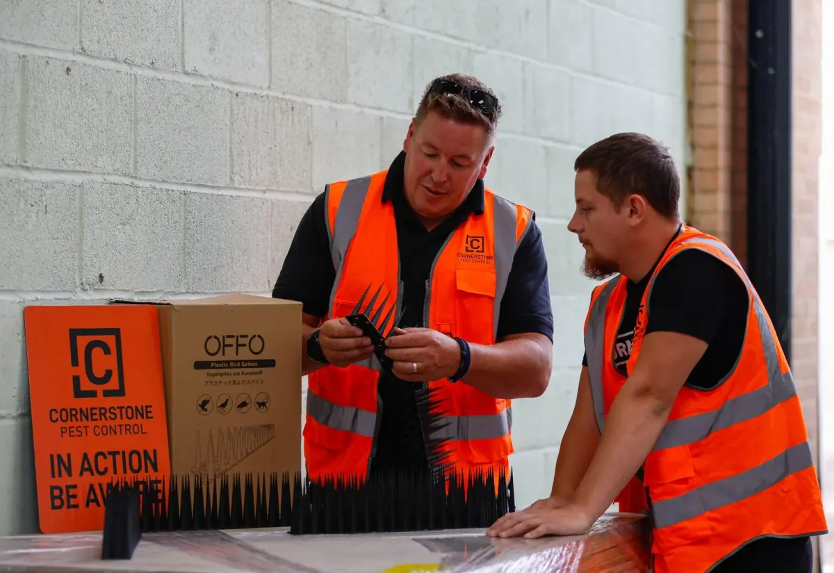 Two Cornerstone Pest Control technicians in branded hi-vis checking plastic bird spikes before fitting them